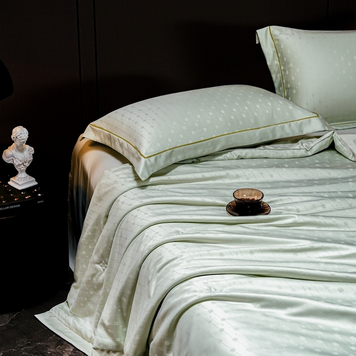 91家纺网 家纺一手货源 找家纺 2025新款格利亚天丝提花夏被四件套 格子-绿