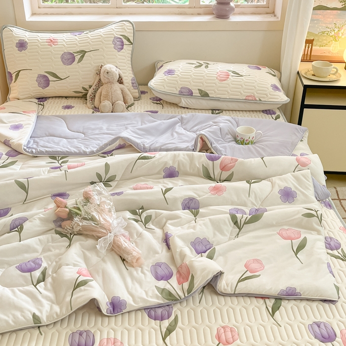 91家纺网 家纺一手货源 找家纺 维洋家纺 2025（专版花型）A类凉感丝夏被 凉感夏凉被双面加倍透气（四周踩棉） 郁金香