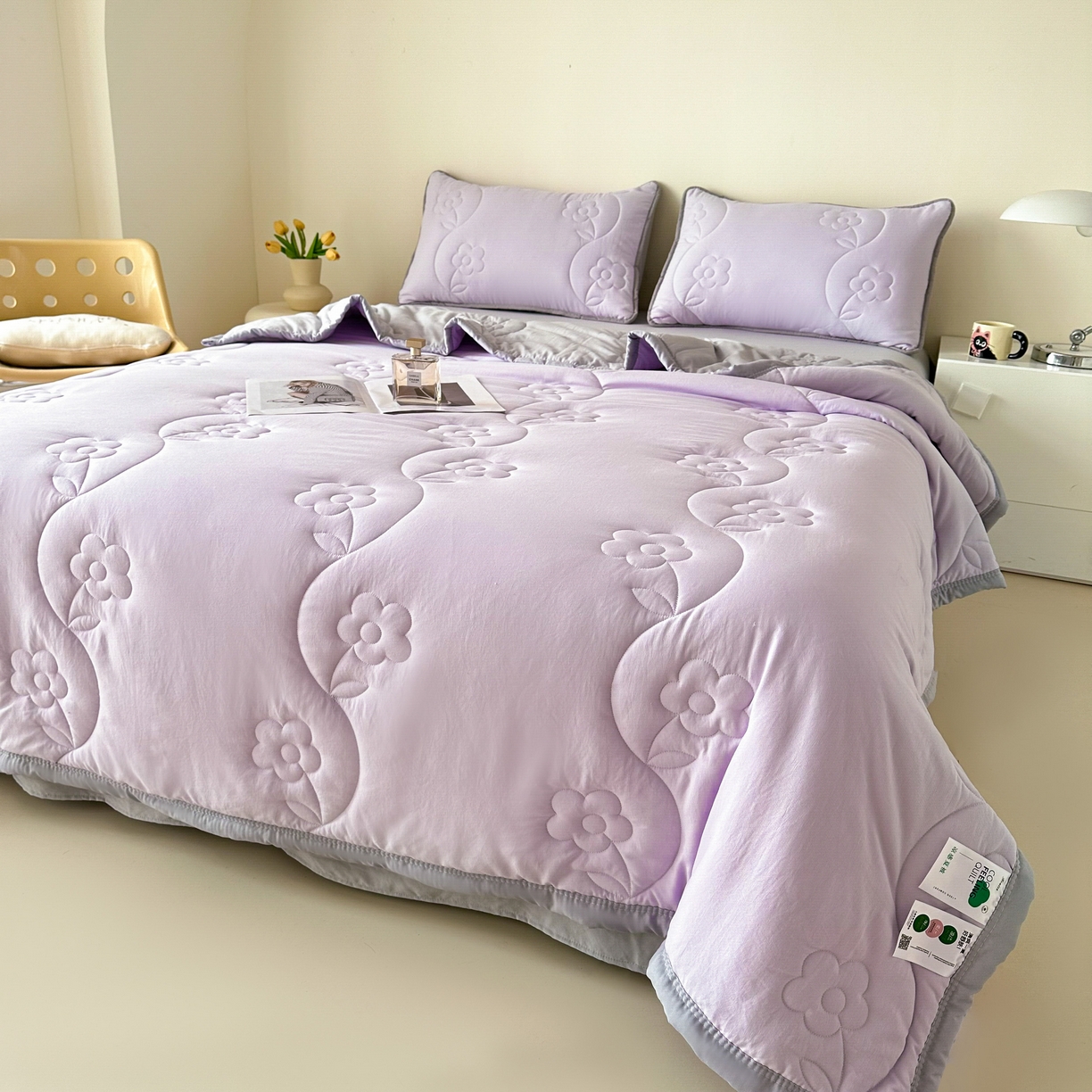 91家纺网 家纺一手货源 找家纺 芙绣家纺 2025新款针织棉绗缝夏被-莫奈花园 莫奈花园-浅紫