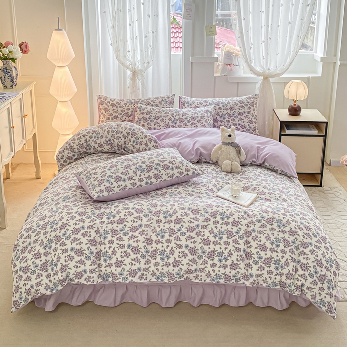 91家纺网 家纺一手货源 找家纺 仟网汇 2025新款针织双层纱床盖四件套 梦幻紫藤