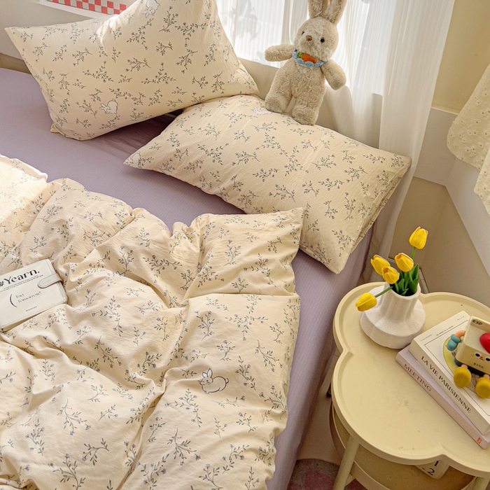 91家纺网 家纺一手货源 找家纺 暖芯优选 2025新款加厚云感棉双层纱四件套小碎花被套床单床笠款学生三件套新款直播热款 森田野园