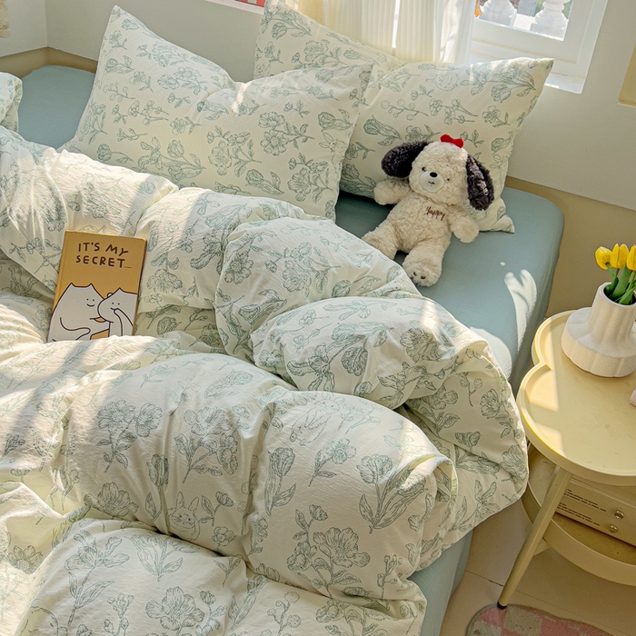 91家纺网 家纺一手货源 找家纺 暖芯优选 2025新款加厚云感棉双层纱四件套小碎花被套床单床笠款学生三件套新款直播热款 海像森林