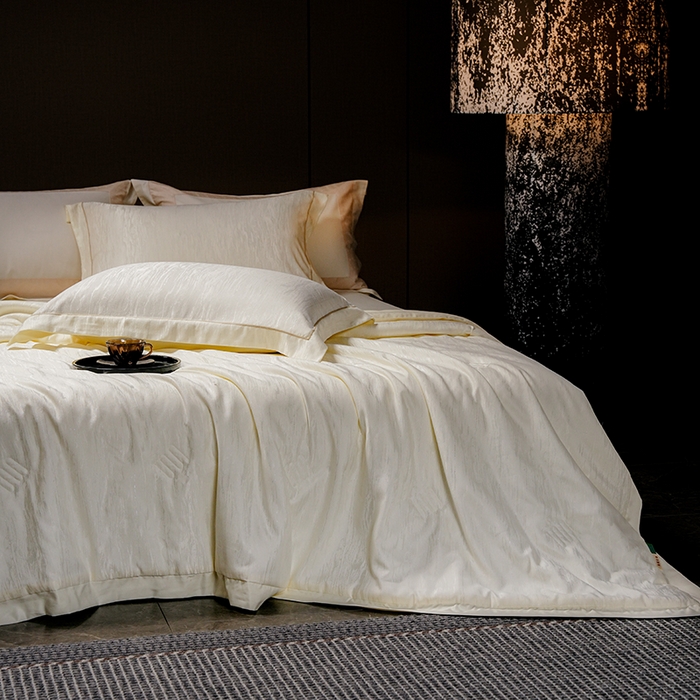 91家纺网 家纺一手货源 找家纺 丽卡家纺 2025新款翡丽天丝提花夏被四件套 石纹-黄