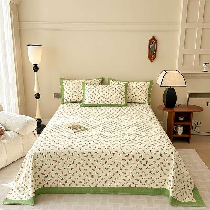 91家纺网 家纺一手货源 找家纺 蓝邻家纺 2025新款100%新疆原棉粗布小清新拼角工艺款系列单床单 花朝