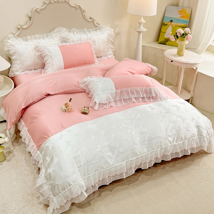 91家纺网 家纺一手货源 找家纺 艾米家居 2025新款韩版双层花边轻奢浮雕系列水洗冰丝四件套 豆沙花边