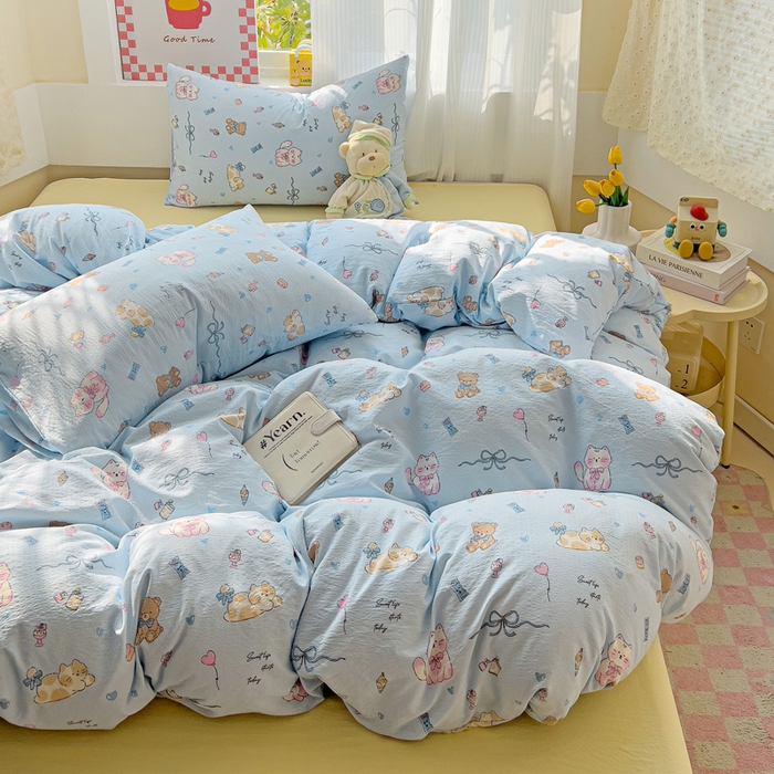 91家纺网 家纺一手货源 找家纺 暖芯优选 2025新款加厚云感棉双层纱四件套小碎花被套床单床笠款学生三件套新款直播热款 小猫时光-蓝