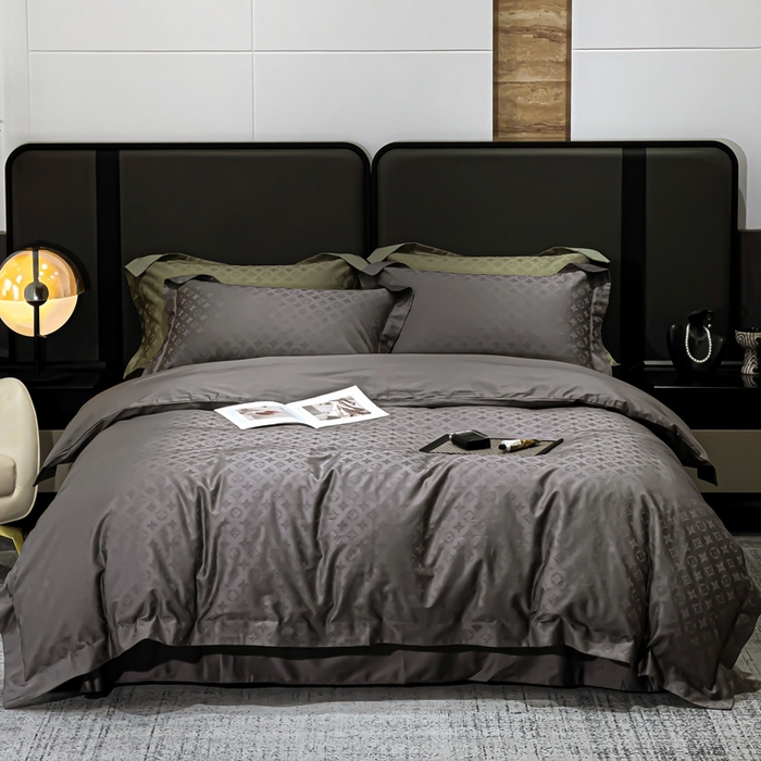 91家纺网 家纺一手货源 找家纺 金昱纺 2025新款50双股100支长绒棉贡缎提花高定四件套 LV-高级灰