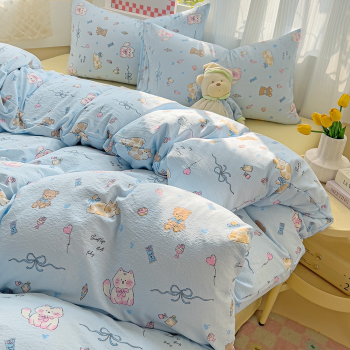 91家纺网 家纺一手货源 找家纺 暖芯优选 2025新款加厚云感棉双层纱四件套小碎花被套床单床笠款学生三件套新款直播热款 小猫时光-蓝