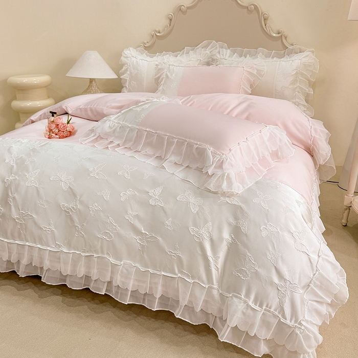 91家纺网 家纺一手货源 找家纺 艾米家居 2025新款韩版双层花边轻奢浮雕系列水洗冰丝四件套 粉花边