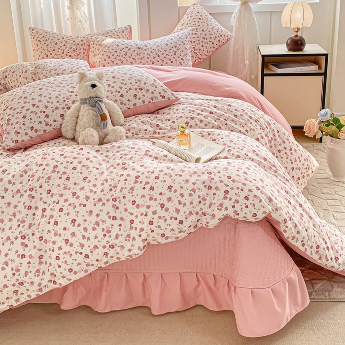 91家纺网 家纺一手货源 找家纺 仟网汇 2025新款针织双层纱床盖四件套 春日小花