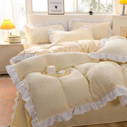 迪拜家纺 2025新款韩版花边水洗棉四件套 韩版-奶油白