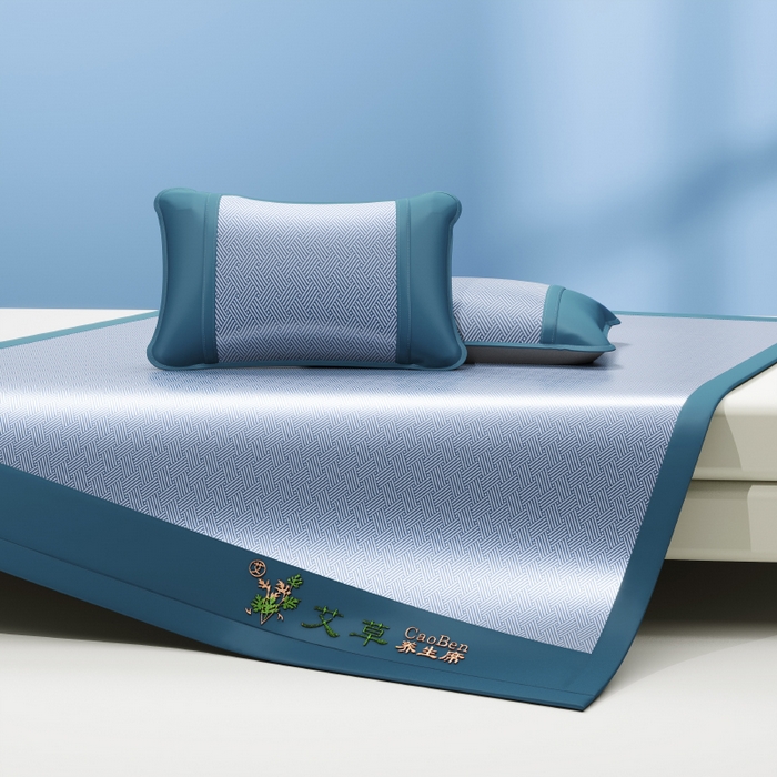 91家纺网 家纺一手货源 找家纺 2025新款艾草驱蚊凉席可折叠空调席冰丝席防滑床笠款 冰川蓝（床席款）