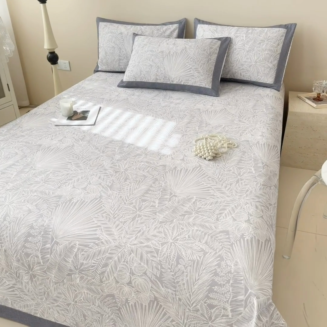 91家纺网 家纺一手货源 找家纺 蓝邻家纺 2025新款100%新疆原棉粗布小清新拼角工艺款系列单床单 雨藤-灰