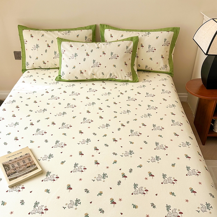 91家纺网 家纺一手货源 找家纺 蓝邻家纺 2025新款100%新疆原棉粗布小清新拼角工艺款系列单床单 花枝兔