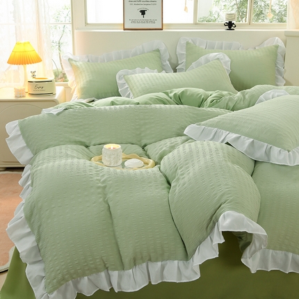 迪拜家纺 2025新款韩版花边水洗棉四件套 韩版-果绿