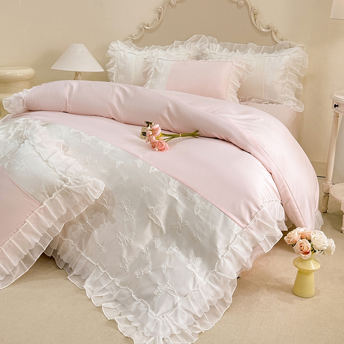 91家纺网 家纺一手货源 找家纺 （总）艾米家居 2025新款韩版双层花边轻奢浮雕系列水洗冰丝四件套