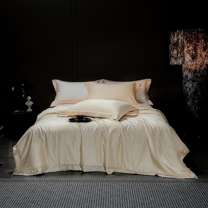 91家纺网 家纺一手货源 找家纺 2025新款格利亚天丝提花夏被四件套 格子-黄