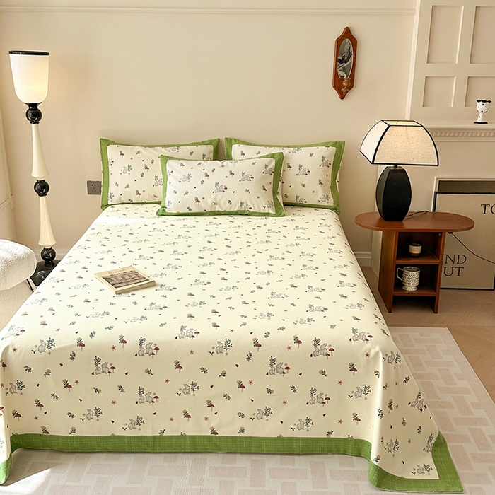 91家纺网 家纺一手货源 找家纺 蓝邻家纺 2025新款100%新疆原棉粗布小清新拼角工艺款系列单床单 花枝兔