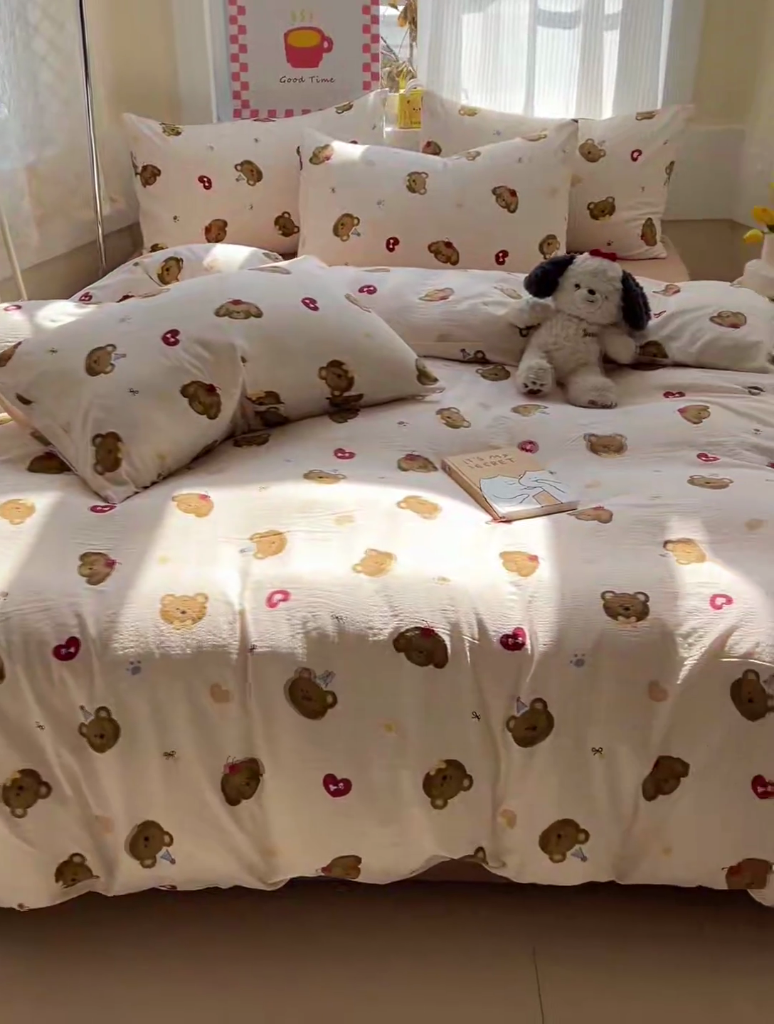 91家纺网 家纺一手货源 找家纺 暖芯优选 2025新款加厚云感棉双层纱四件套小碎花被套床单床笠款学生三件套新款直播热款 奇妙小熊-米