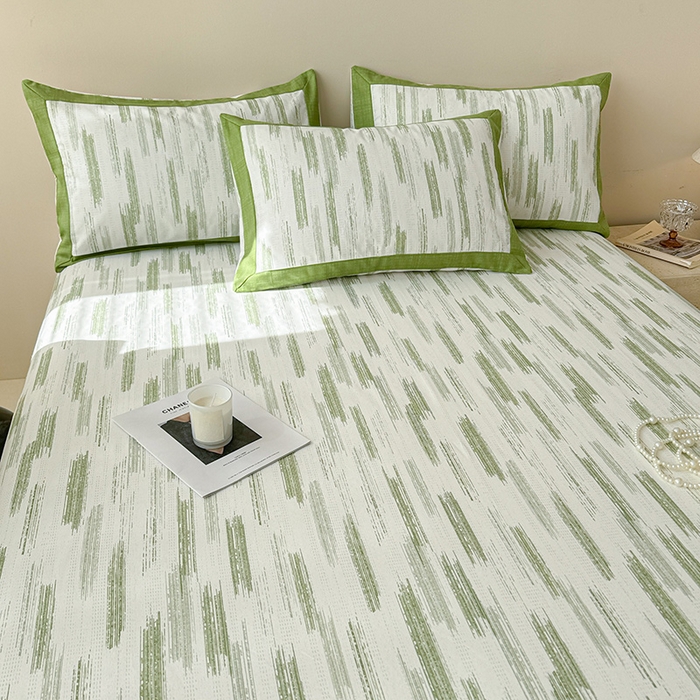 91家纺网 家纺一手货源 找家纺 蓝邻家纺 2025新款100%新疆原棉粗布小清新拼角工艺款系列单床单 辰浠-绿