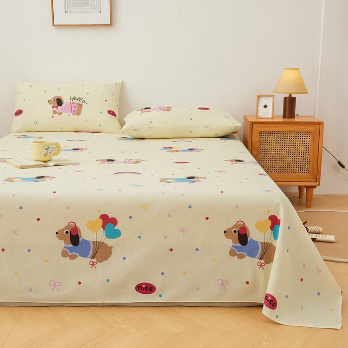 91家纺网 家纺一手货源 找家纺 棉乐町家居 2025新款锦柔老粗布床单老粗布凉席三件套 小狗乐园