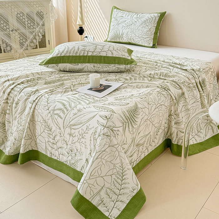 91家纺网 家纺一手货源 找家纺 蓝邻家纺 2025新款100%新疆原棉粗布小清新拼角工艺款系列单床单 雨棠-绿