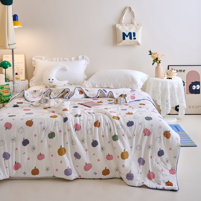 91家纺网 家纺一手货源 找家纺 维洋家纺 2025升级21%大豆新款A类牛奶丝针织夏被（四周踩棉）软糯凉感夏被空调被 多彩南瓜