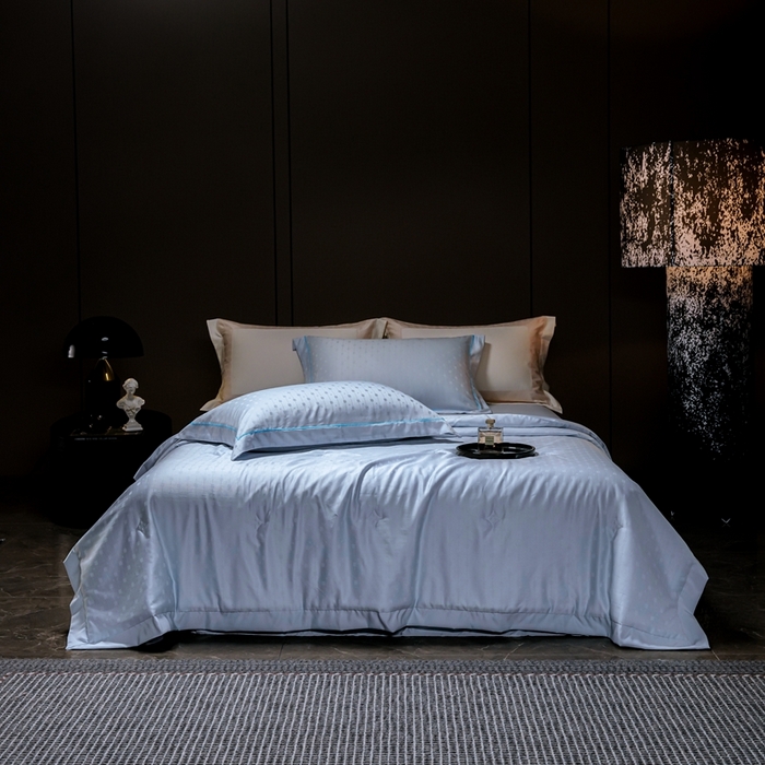 91家纺网 家纺一手货源 找家纺 2025新款格利亚天丝提花夏被四件套 格子-蓝