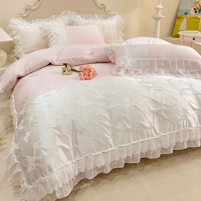 91家纺网 家纺一手货源 找家纺 艾米家居 2025新款韩版双层花边轻奢浮雕系列水洗冰丝四件套 粉花边