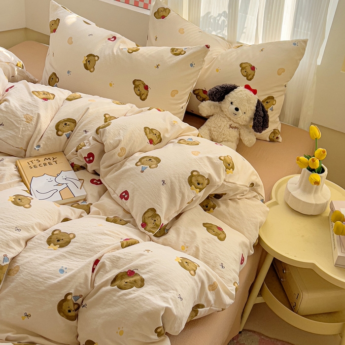 91家纺网 家纺一手货源 找家纺 暖芯优选 2025新款加厚云感棉双层纱四件套小碎花被套床单床笠款学生三件套新款直播热款 奇妙小熊-米