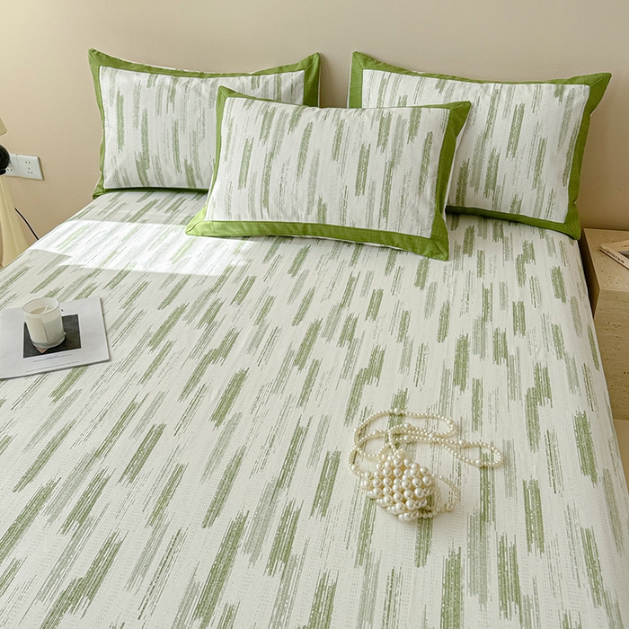 91家纺网 家纺一手货源 找家纺 蓝邻家纺 2025新款100%新疆原棉粗布小清新拼角工艺款系列单床单 辰浠-绿