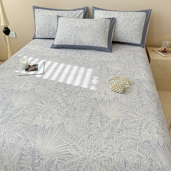 91家纺网 家纺一手货源 找家纺 蓝邻家纺 2025新款100%新疆原棉粗布小清新拼角工艺款系列单床单 雨藤-灰