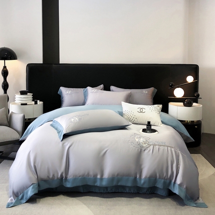 91家纺网 家纺一手货源 找家纺 博纳家纺 2025新款莱赛尔天丝刺绣花四件套--甜馨系列 清夜灰