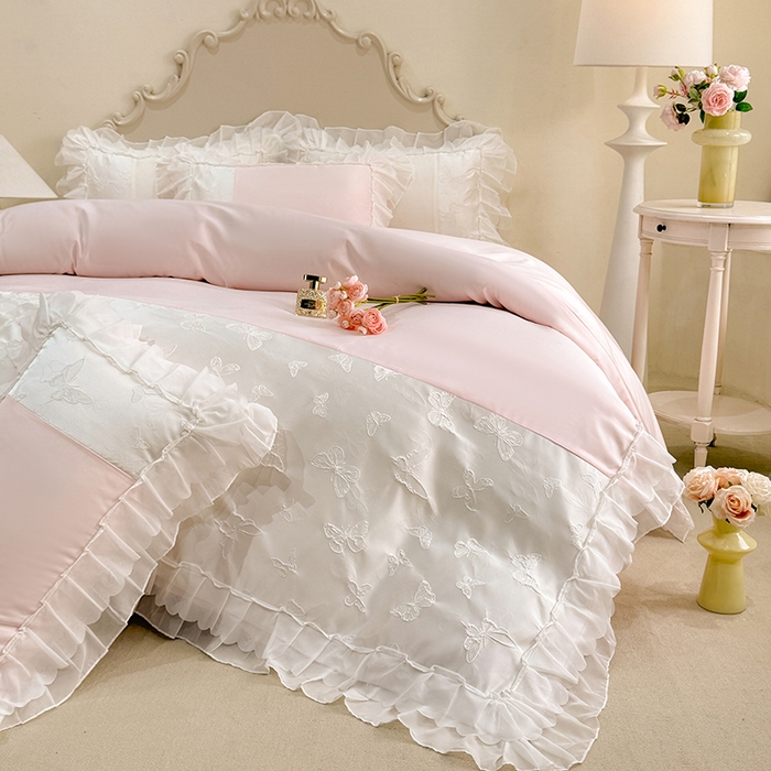 91家纺网 家纺一手货源 找家纺 （总）艾米家居 2025新款韩版双层花边轻奢浮雕系列水洗冰丝四件套