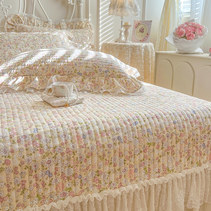 91家纺网 家纺一手货源 找家纺 麒豆豆 2025新款全棉印花双层纱床盖 悠若花园