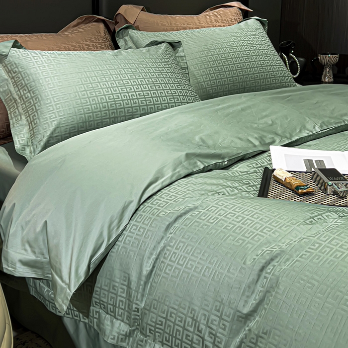 91家纺网 家纺一手货源 找家纺 金昱纺 2025新款50双股100支长绒棉贡缎提花高定四件套 纪梵希-绿