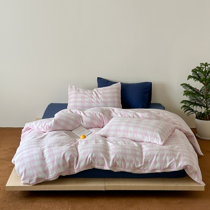 例外 2025新款色织提花皱皱纱米露系列四件套 米露-少女粉-蓝底