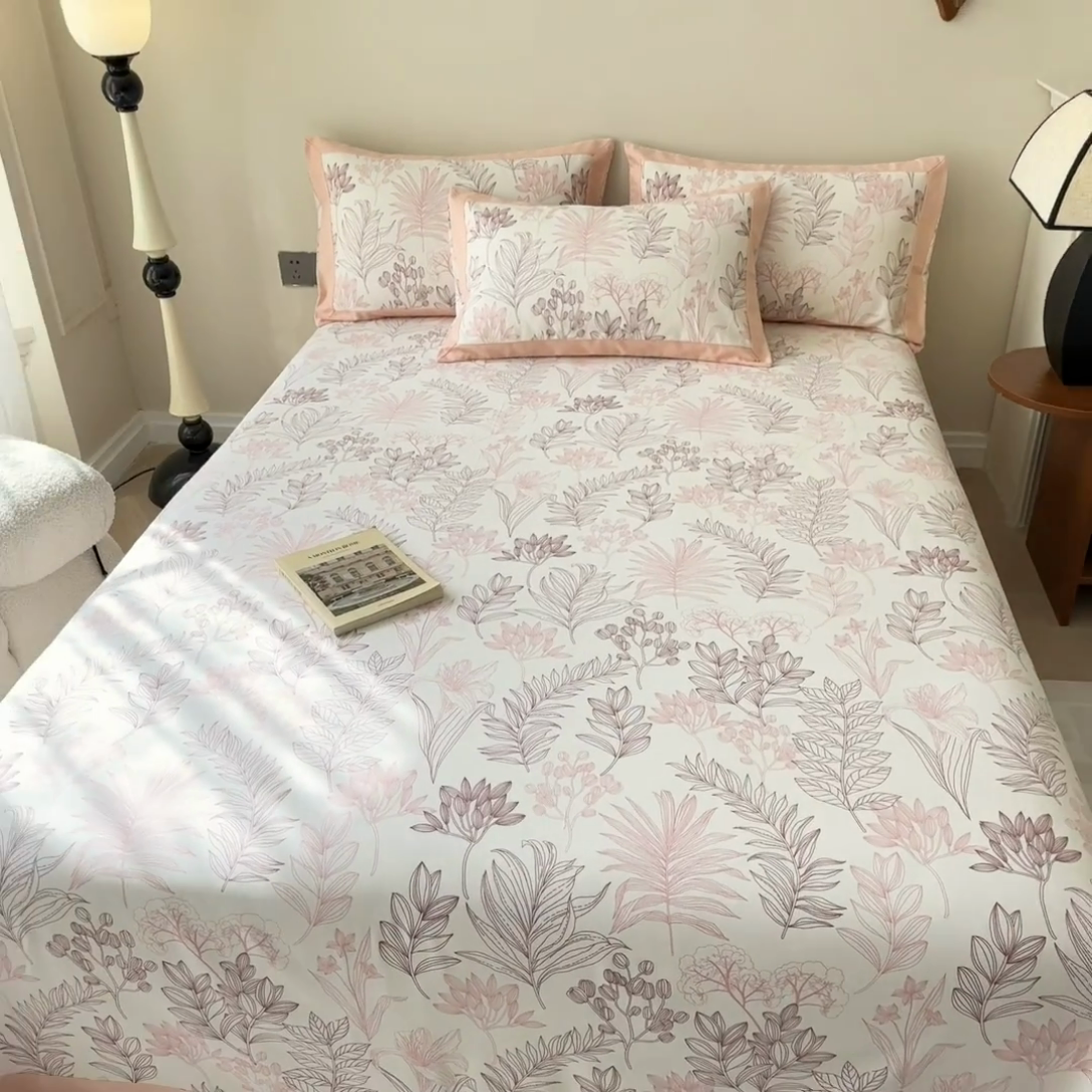 91家纺网 家纺一手货源 找家纺 蓝邻家纺 2025新款100%新疆原棉粗布小清新拼角工艺款系列单床单 繁花-粉