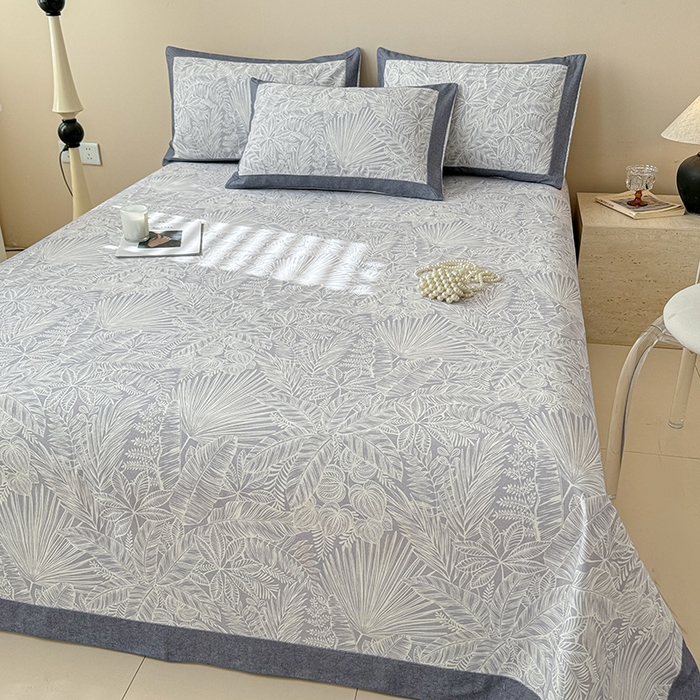 91家纺网 家纺一手货源 找家纺 蓝邻家纺 2025新款100%新疆原棉粗布小清新拼角工艺款系列单床单 雨藤-灰