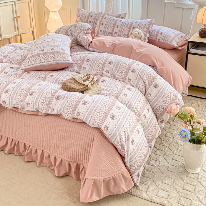 91家纺网 家纺一手货源 找家纺 仟网汇 2025新款针织双层纱床盖四件套 格林童话