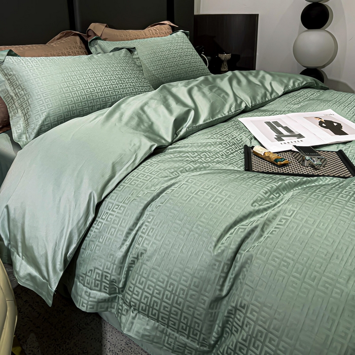 91家纺网 家纺一手货源 找家纺 金昱纺 2025新款50双股100支长绒棉贡缎提花高定四件套 纪梵希-绿