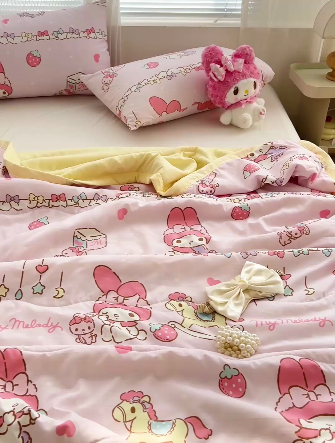 91家纺网 家纺一手货源 找家纺 海岛哥哥 2025新款三丽鸥系列A类水洗棉夏被大床图（提供买家秀） 夏被-蝴蝶结美乐蒂