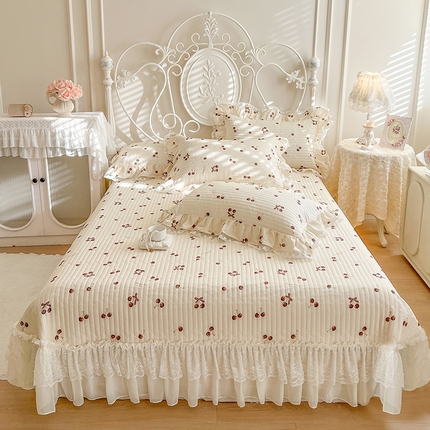 91家纺网 家纺一手货源 找家纺 麒豆豆 2025新款全棉印花双层纱床盖 车厘子