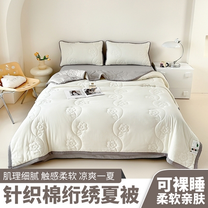 91家纺网 家纺一手货源 找家纺 芙绣家纺 2025新款针织棉绗缝夏被-莫奈花园 莫奈花园-奶白