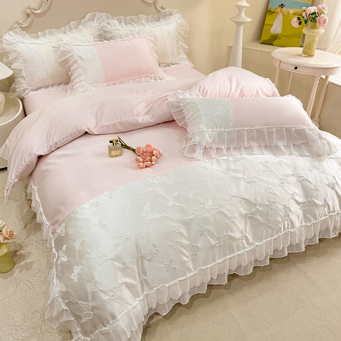 91家纺网 家纺一手货源 找家纺 （总）艾米家居 2025新款韩版双层花边轻奢浮雕系列水洗冰丝四件套