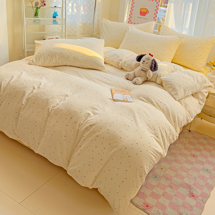 91家纺网 家纺一手货源 找家纺 暖芯优选 2025新款加厚云感棉双层纱四件套小碎花被套床单床笠款学生三件套新款直播热款 小波点