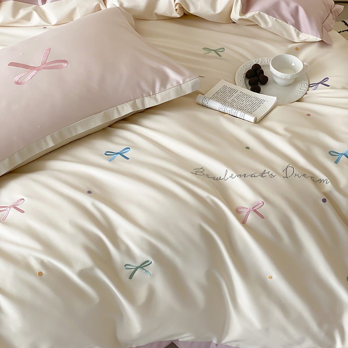 91家纺网 家纺一手货源 找家纺 时亿家居 2025新款100支长绒棉小清新四件套-梦幻蝴蝶结 梦幻蝴蝶结-奶油慕斯