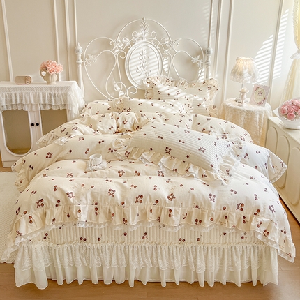 网红馆（ck家纺） 2025新款全棉印花双层纱床盖四件套 车厘子