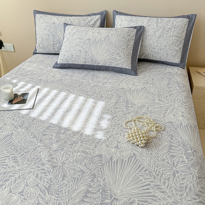 91家纺网 家纺一手货源 找家纺 蓝邻家纺 2025新款100%新疆原棉粗布小清新拼角工艺款系列单床单 雨藤-灰