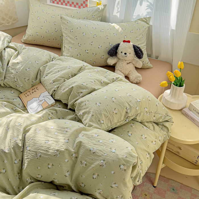 91家纺网 家纺一手货源 找家纺 暖芯优选 2025新款加厚云感棉双层纱四件套小碎花被套床单床笠款学生三件套新款直播热款 落日暮年-绿